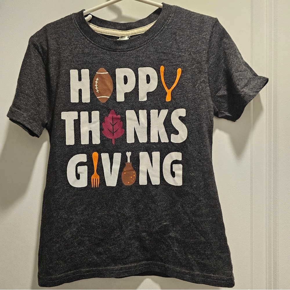 Kid 5T Happy Thanksgiving Graphic Tee Heather Charcoal Gray Holiday Fal Football